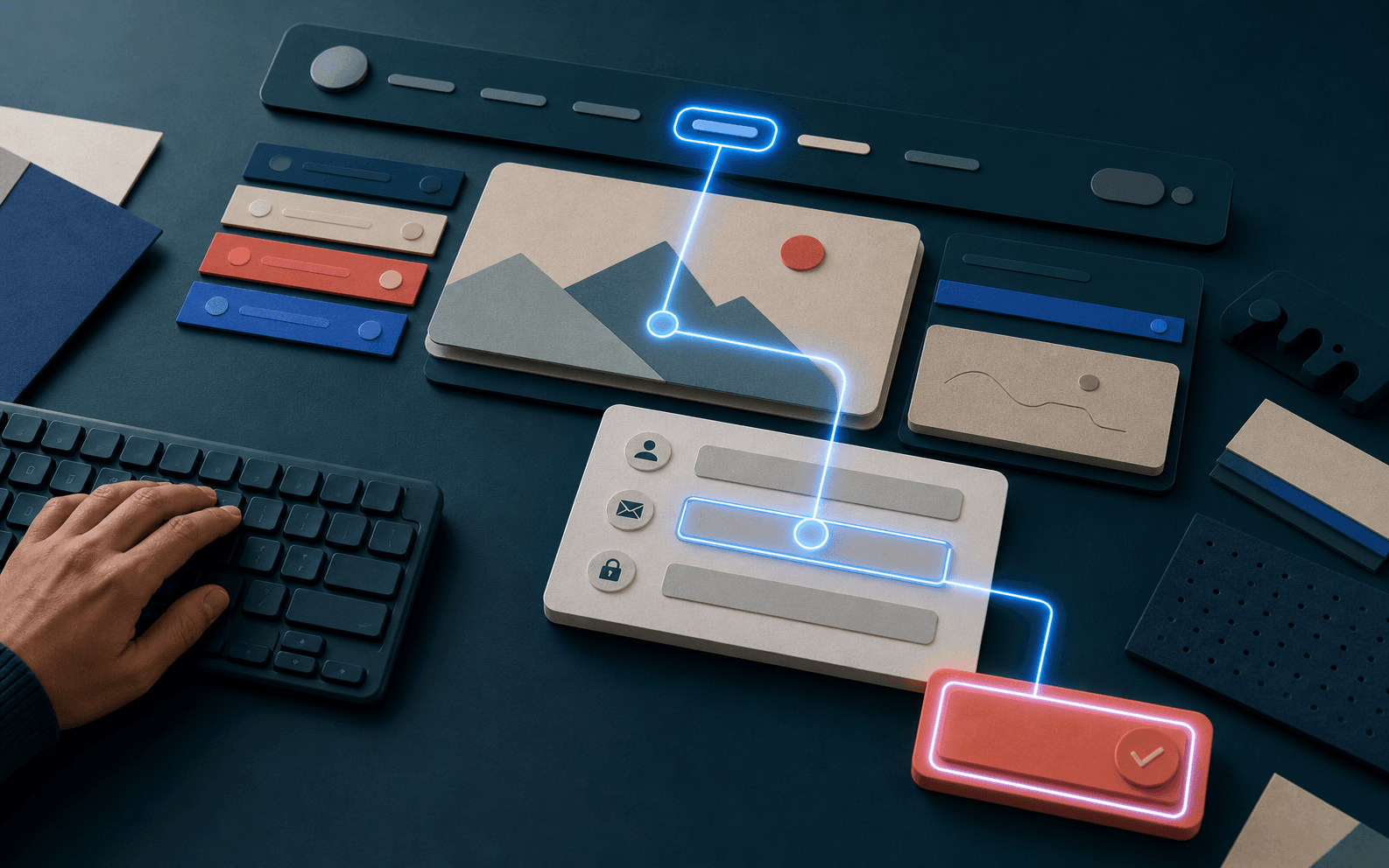 Szenische Darstellung eines Tastaturpfads, der Navigation, Inhalt, Formular und Bestätigung sichtbar miteinander verbindet.